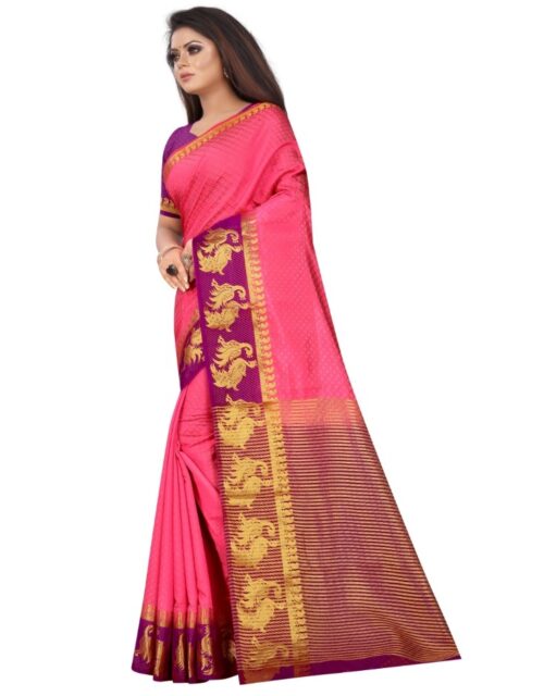 Women's Kanjivaram Silk Saree With Unstitched Blouse Piece (Peach, 5-6 Mtrs) - Image 4