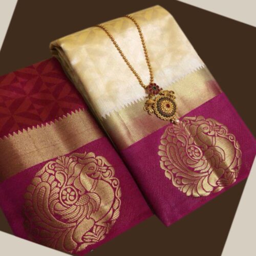 Women’s Kanjivaram Silk Saree With Unstitched Blouse Piece (White, 5-6 Mtrs)