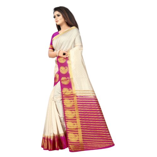 Women's Kanjivaram Silk Saree With Unstitched Blouse Piece (White, 5-6 Mtrs) - Image 4