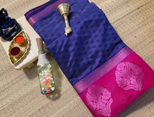 Women’s Kanjivaram Silk Saree With Unstitched Blouse Piece (Navy Blue, 5-6 Mtrs)