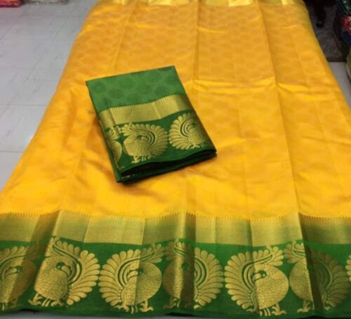 Women’s Kanjivaram Silk Saree With Unstitched Blouse Piece (Yellow, 5-6 Mtrs)