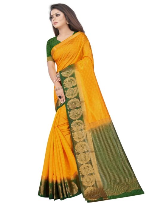 Women's Kanjivaram Silk Saree With Unstitched Blouse Piece (Yellow, 5-6 Mtrs) - Image 4