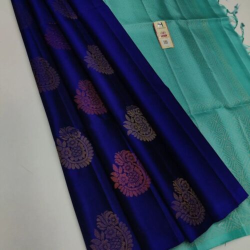 Women’s Borderless Kanjivaram Silk Sarees With Unstitched Blouse (Navy Blue)