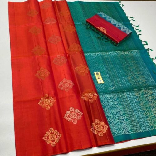 Women’s Borderless Kanjivaram Silk Sarees With Unstitched Blouse (Red)