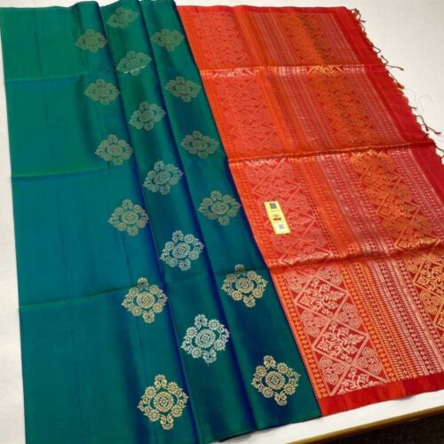 Women’s Borderless Kanjivaram Silk Sarees With Unstitched Blouse (Sea Green)