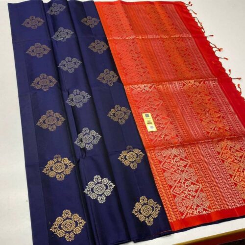 Women’s Borderless Kanjivaram Silk Sarees With Unstitched Blouse (Navy Blue)