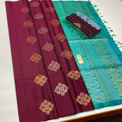 Women’s Borderless Kanjivaram Silk Sarees With Unstitched Blouse (Maroon)