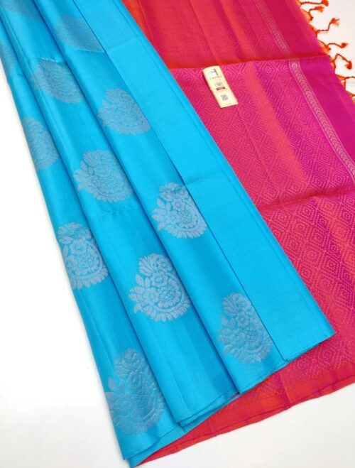 Women’s Borderless Kanjivaram Silk Sarees With Unstitched Blouse (Sky Blue)