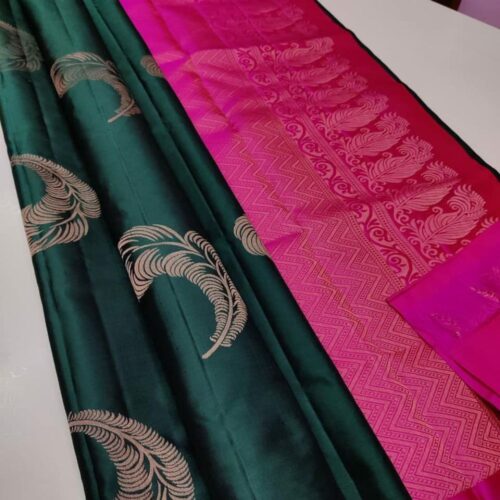 Women’s Borderless Kanjivaram Silk Sarees With Unstitched Blouse (Dark Green)