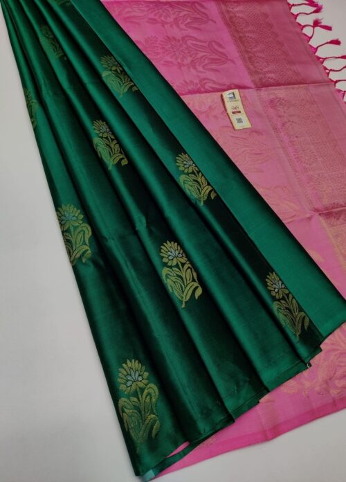 Women’s Borderless Kanjivaram Silk Sarees With Unstitched Blouse (Dark Green)