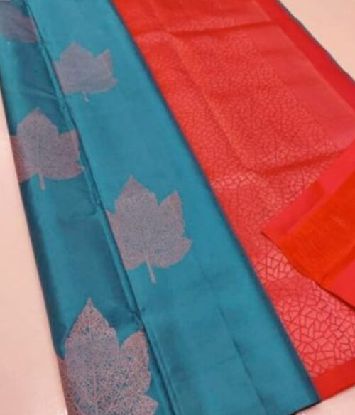 Women’s Borderless Kanjivaram Silk Sarees With Unstitched Blouse (Blue)