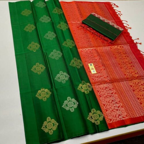 Women’s Borderless Kanjivaram Silk Sarees With Unstitched Blouse (Green)